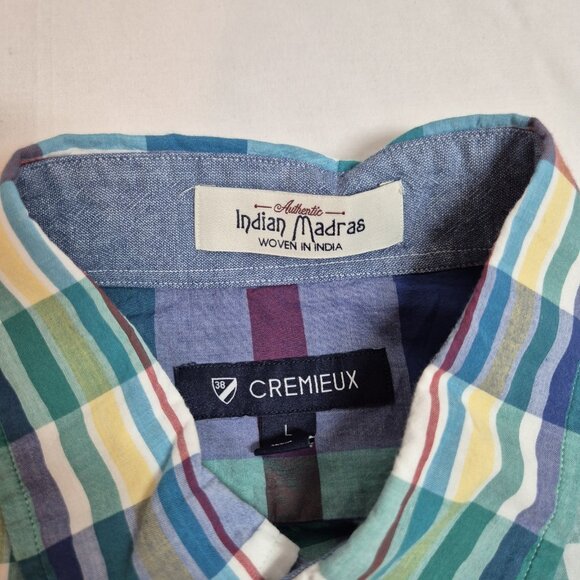 Cremieux Shirt Men's Size L Indian Madras Plaid  Short Sleeve Cotton Green (02) - Picture 9 of 11